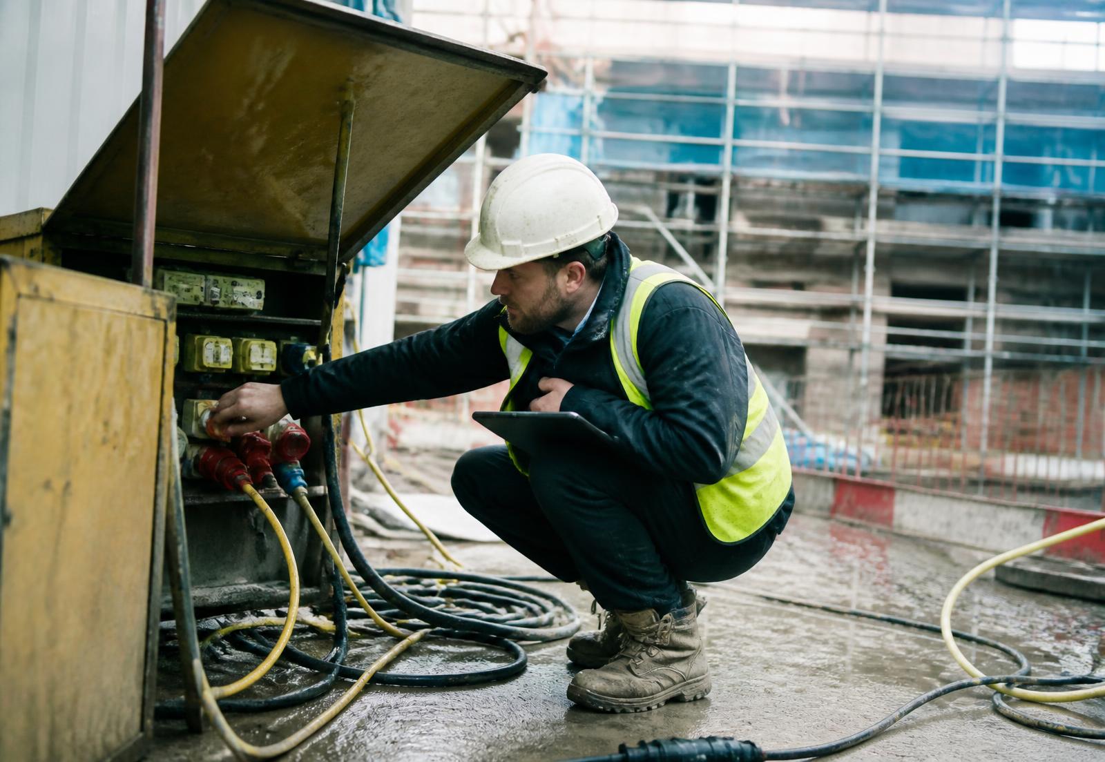 Site engineer reviewing a temporary power distribution board on a UK construction site